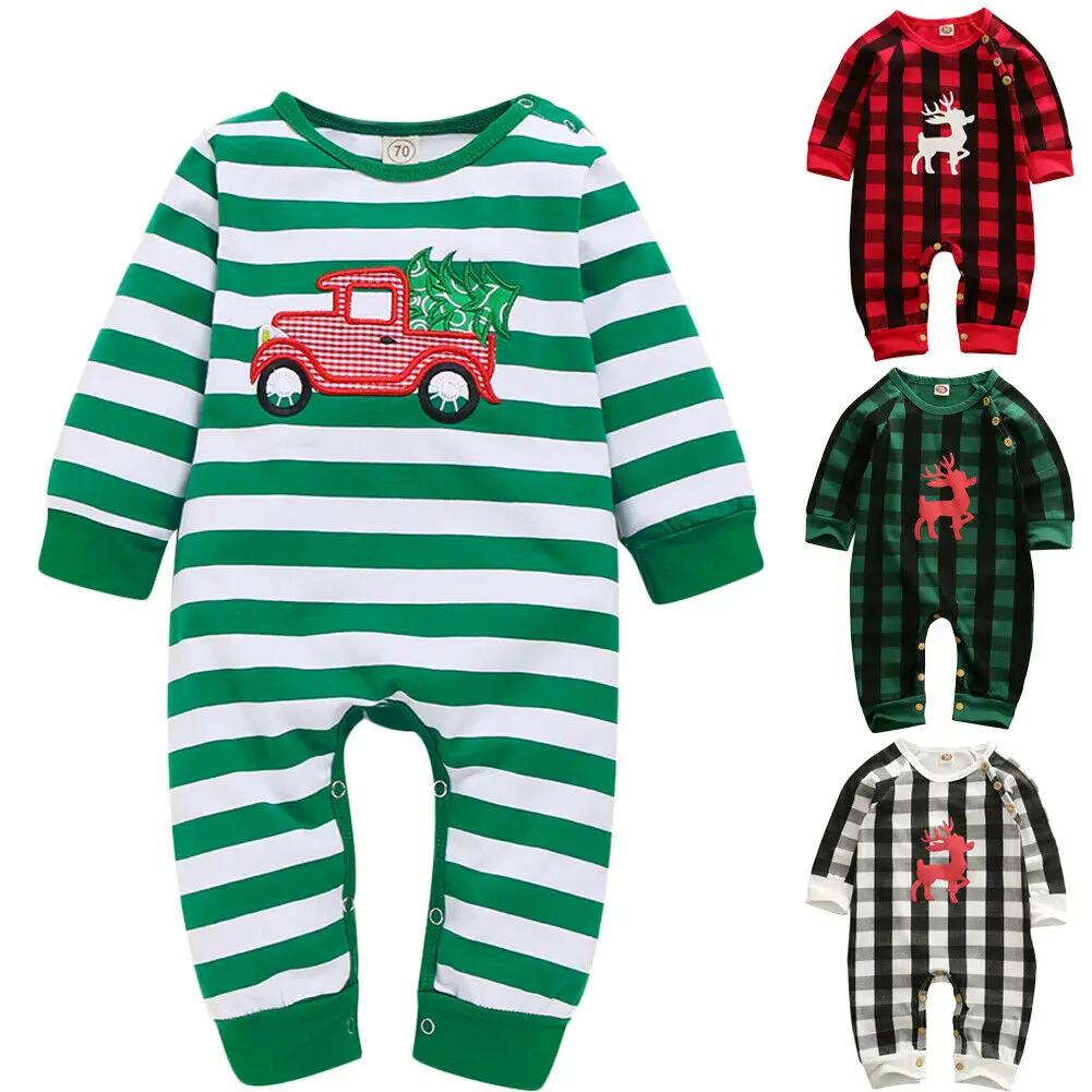 Рождественский комбинезон для новорожденных, комбинезон для младенцев мальчиков девочек, в клетку, в полоску, с длинными рукавами, хлопковый комбинезон, одежда