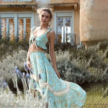 

Boho Flower Printed Womens Set Beach Long Skirt Sling Crop Top Female Sexy Casual Two Piece Set Spring Summer 2020 Retro Set
