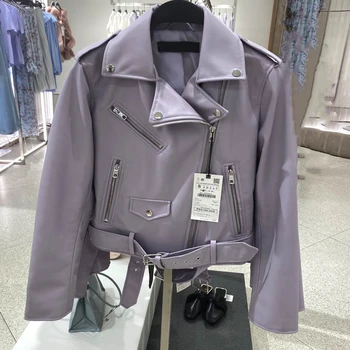 

2020 Spring Autumn With Sashes Pu Faux Leather Jacket Women White Black Zipper Slim Short Biker Jackets Coat Female Outwear Tops