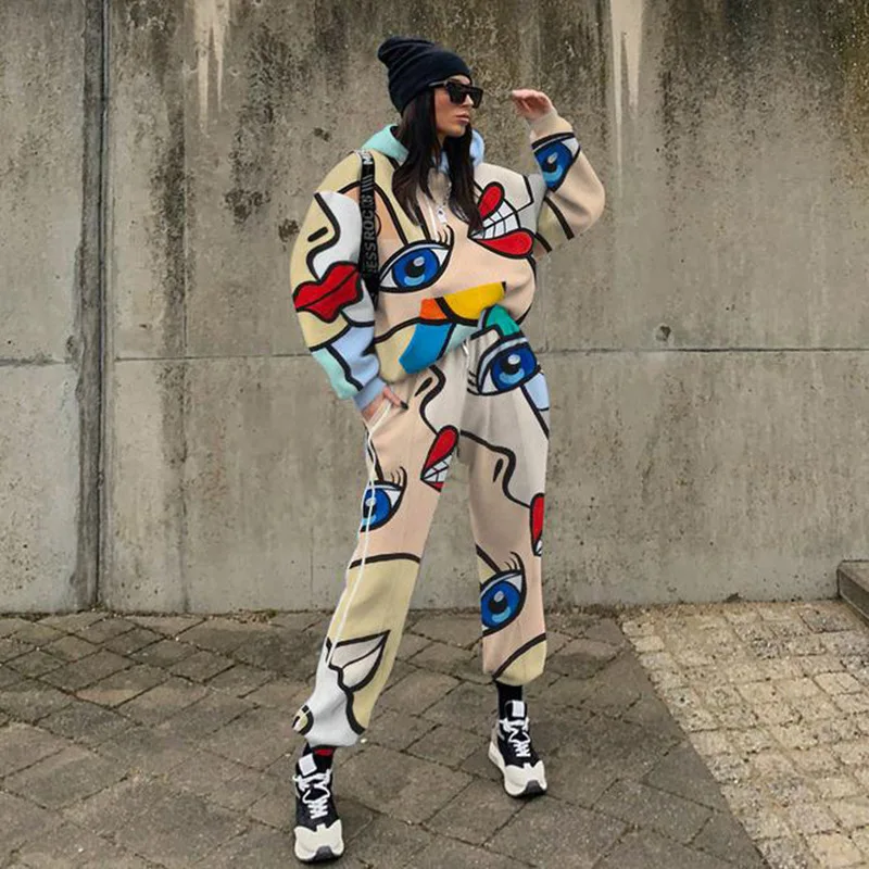 2021 Spring Autumn 2 Piece Set Women Abstract Face Eyes Print Long Sleeve Hooded Sweatshirt Wide Leg Pants Casual Tracksuit New |