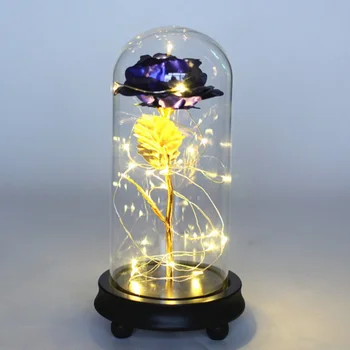 

Eternal Flower Immortal Flora With LED Light String In Glass Dome On Wooden Base The Best Valentine's Day Gift