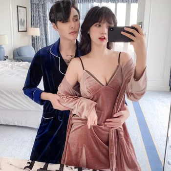 

Autumn Long-sleeved Wedding Dressing Gown Gold Velvet Couple Pajamas Suspenders Nightdress Two-piece Nightgown