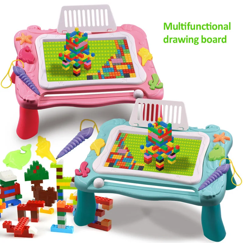 

2-in-1 Multifunction Activity Table DIY Building Blocks Table Compatible Magnetic Writing Board Kids Educational Toys For Boy