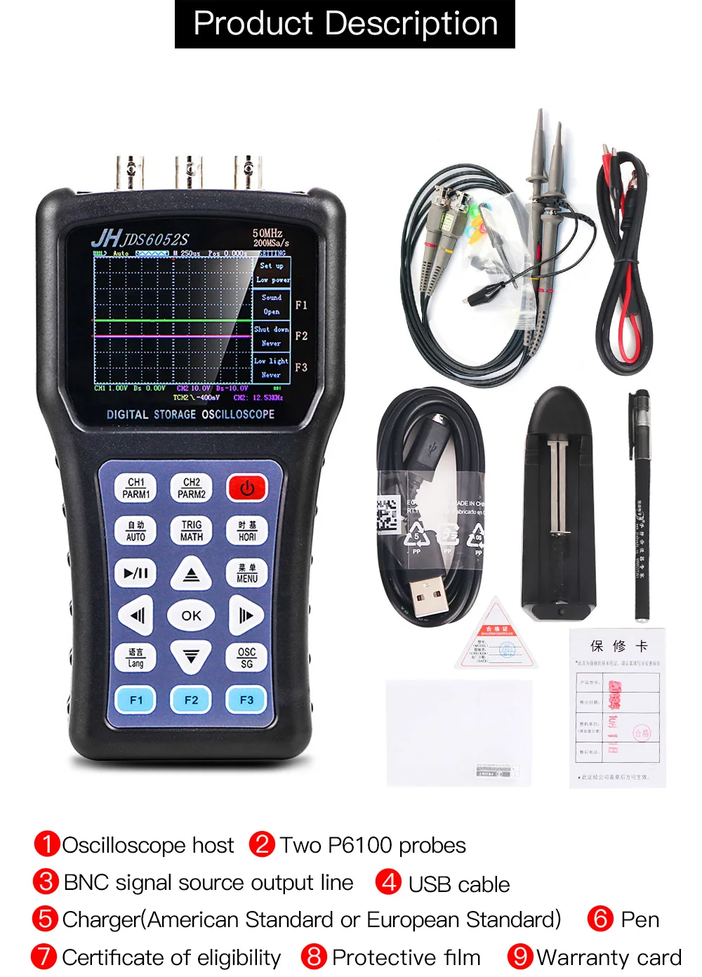 Jinhan JDS6052S 2 в 1 Многофункциональный портативный осциллограф+ генератор сигналов 2 канала 25 МГц полоса пропускания Мини Портативный осциллограф