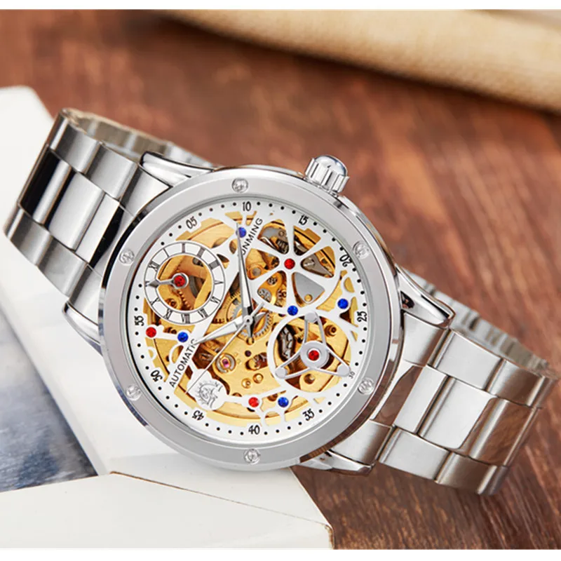 Gorben Gold/Silver Men Stailness Steel Band Automatic Mechanical Watch Fashion Date Business wristwatch Male Clock