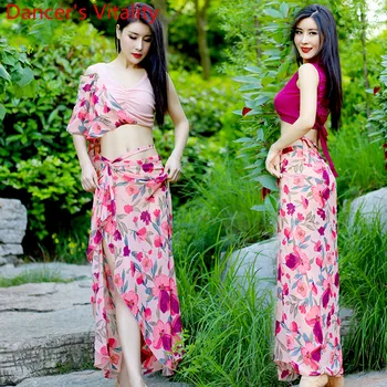 

Lady Adult Belly Dance Summer New Practice Clothes Top Printing Long Skirt Set 2019 Oriental Indian Dancing Performance Costume