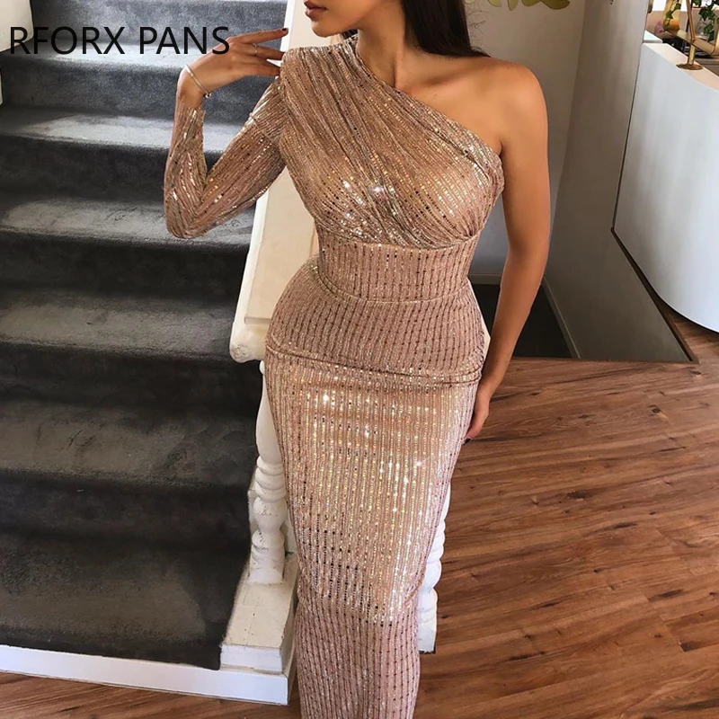 

Glitter One Shoulder Ruched Sequins Dress Women Dress