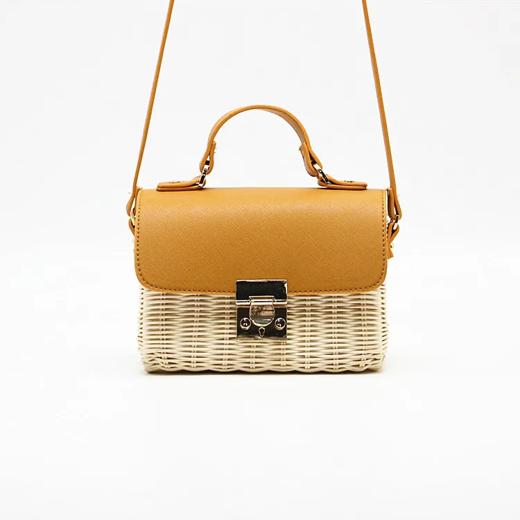 

Caker 2019 Women Ratton Straw Box Handbag Fashion High Quality Yellow PU Leather+straw Beach Bags