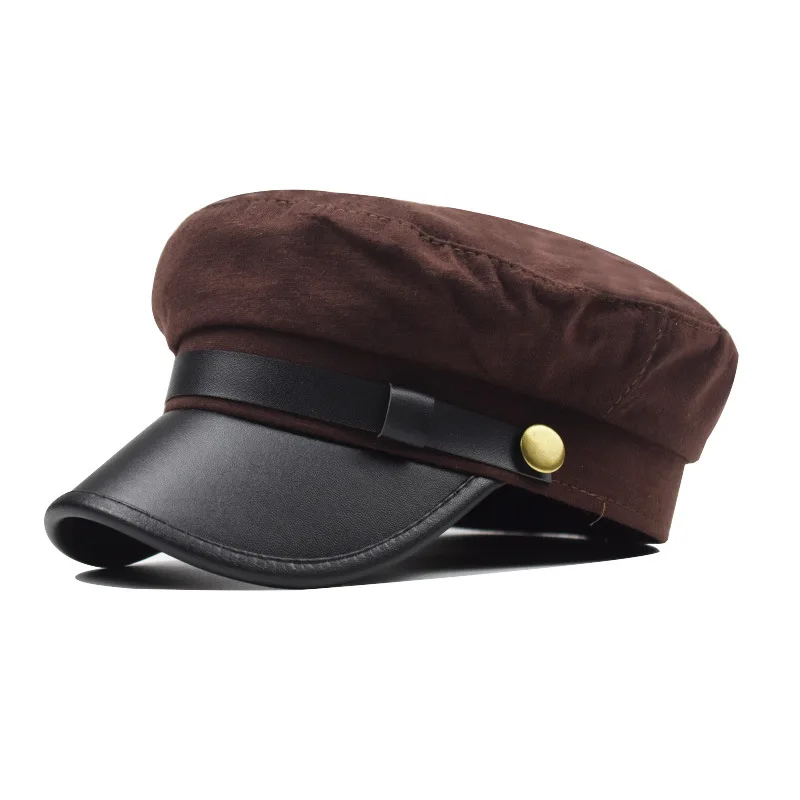 New Black Hat Winter Cap PU leather Octagonal Hats for Women flat military Button Caps Casual Flat Cap Women Berets Hat gorras - Цвет: coffee