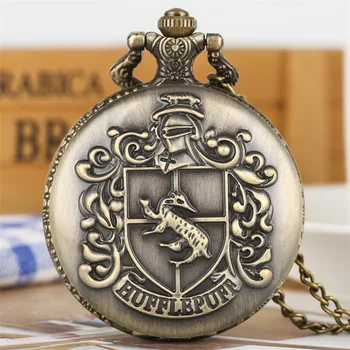 

Engraved Pocket Watch Bronze Hufflepuff Theme Quartz Pocket Watch Roman Numerals Necklace Clock Retro Fob Sweater Chain Relojes