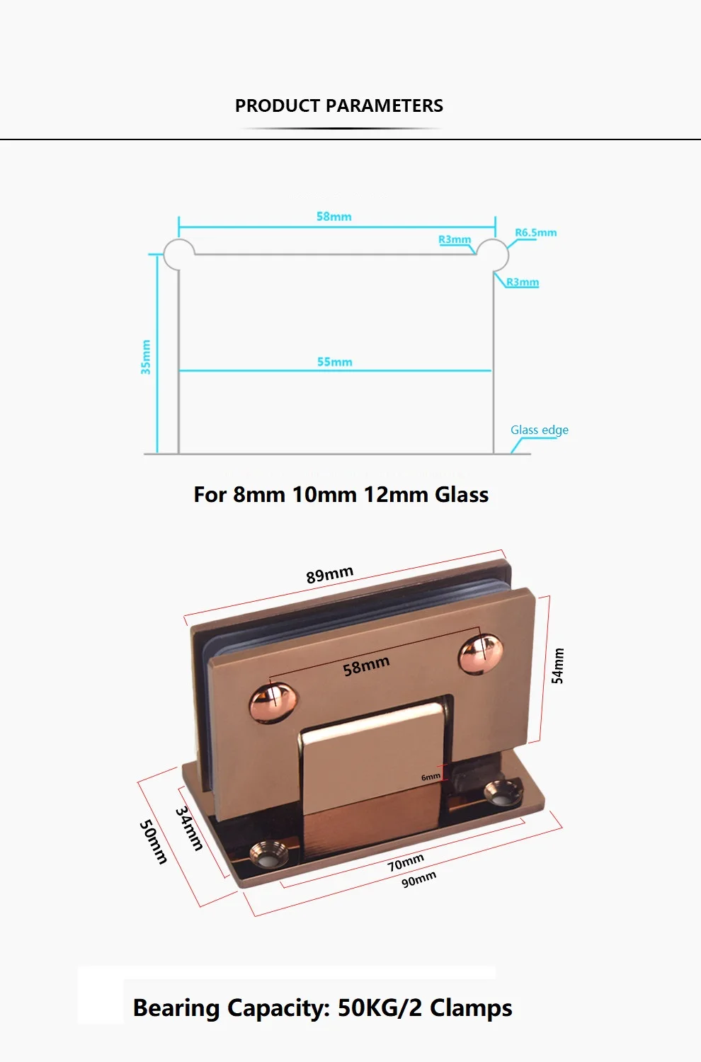 Description Picture 4 of itemRose Gold Shower Installation Kits Shower Glass Clamp Bracket Glass Door Handle Hinge Enclosure Glass Panel Support Bar