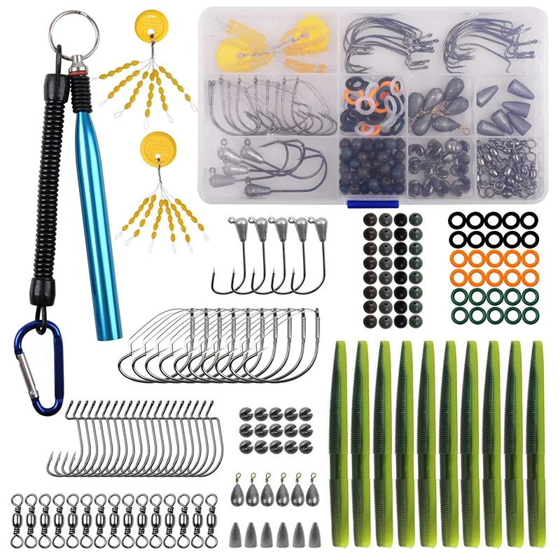 168Pcs/Box Wacky Rig Worm Hooks Fishing Kit Weedless Hooks O Rings  Artificial Stick Baits Lures tackle for Bass Trout fishing