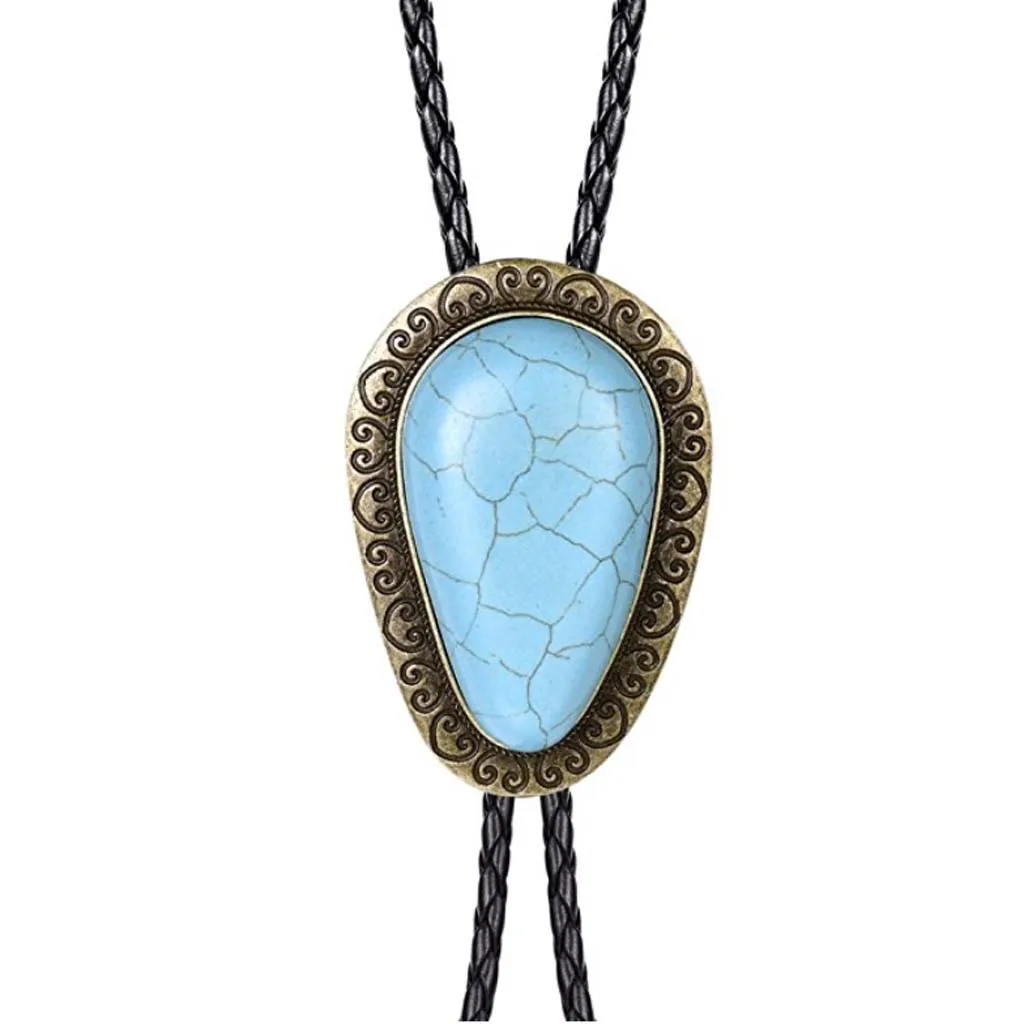 Vintage Big Turquoise Stone Cowboy Rodeo Bolo Tie PU Leather Necktie