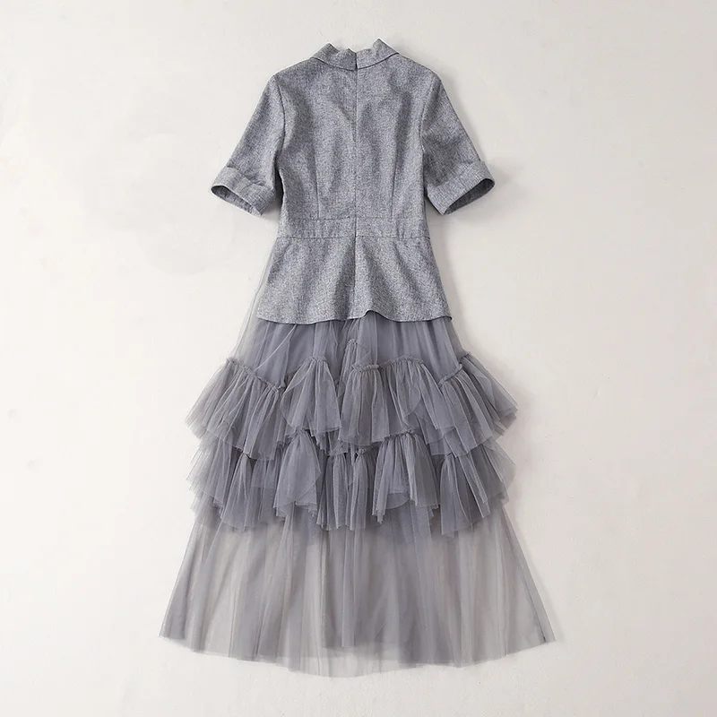 notched collar short sleeve flap pocket ruffle mesh patchwork blazer dress xmas clothes large size women's dresses free shipping