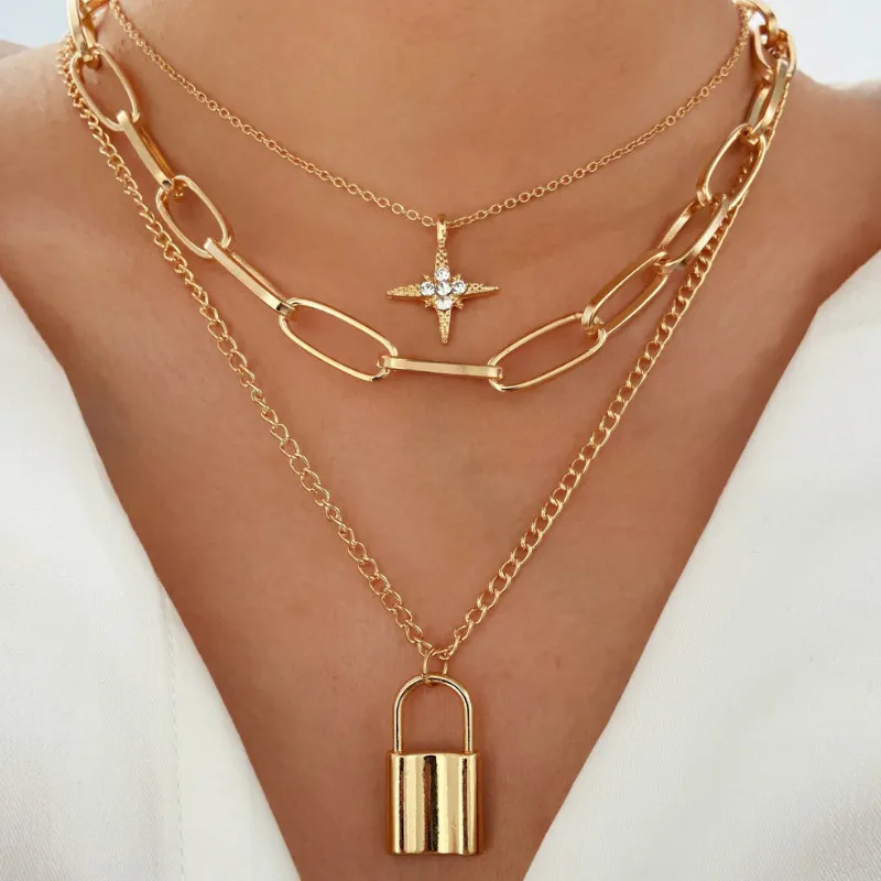 Fashion Star Lock Pendant Thick Chain Multilaye Necklace for Women Vintage Sweater Party Jewelry Gift | Украшения и аксессуары