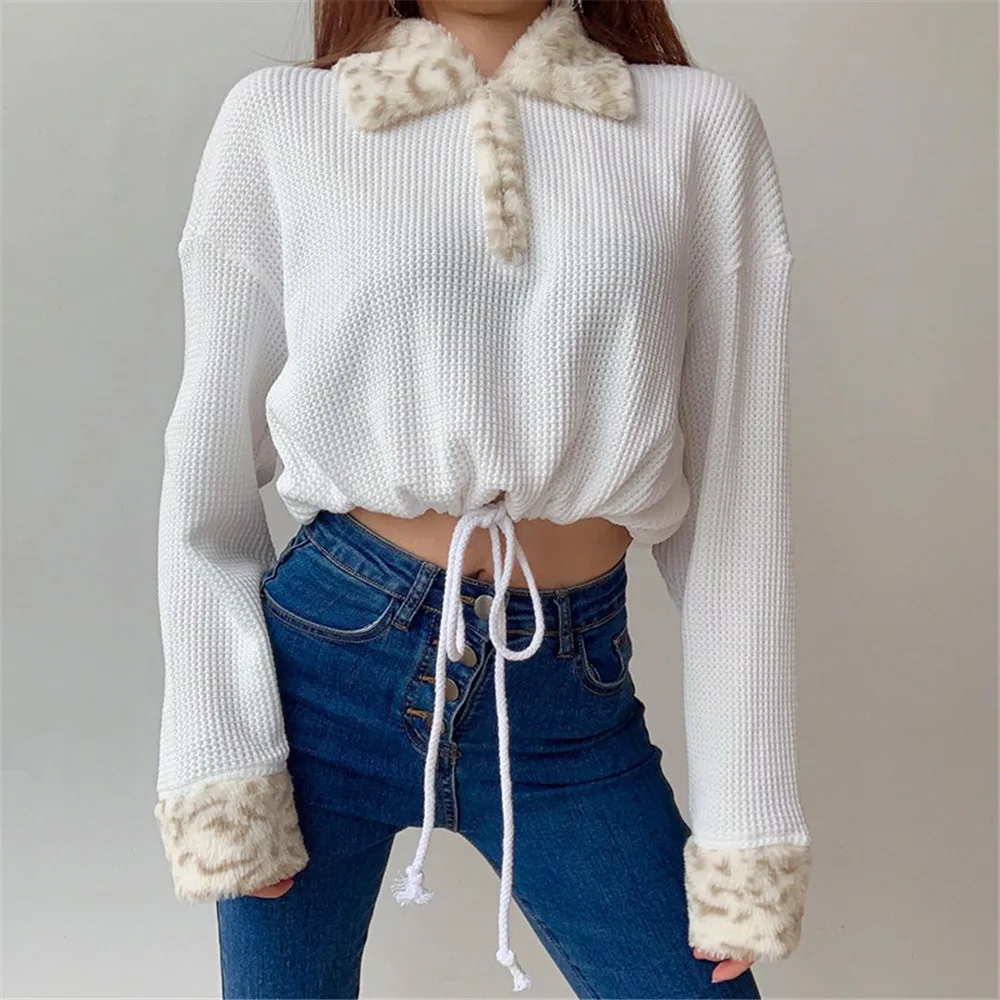 Sexy Leopard Lapel Collar Long Sleeve Crop Top