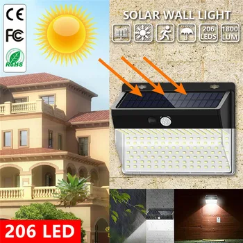 

206 LED Solar Light Outdoors 3 Modes Solar Power Wall Light PIR Motion Sensor Garden Light Waterproof Security Solar Street Lamp