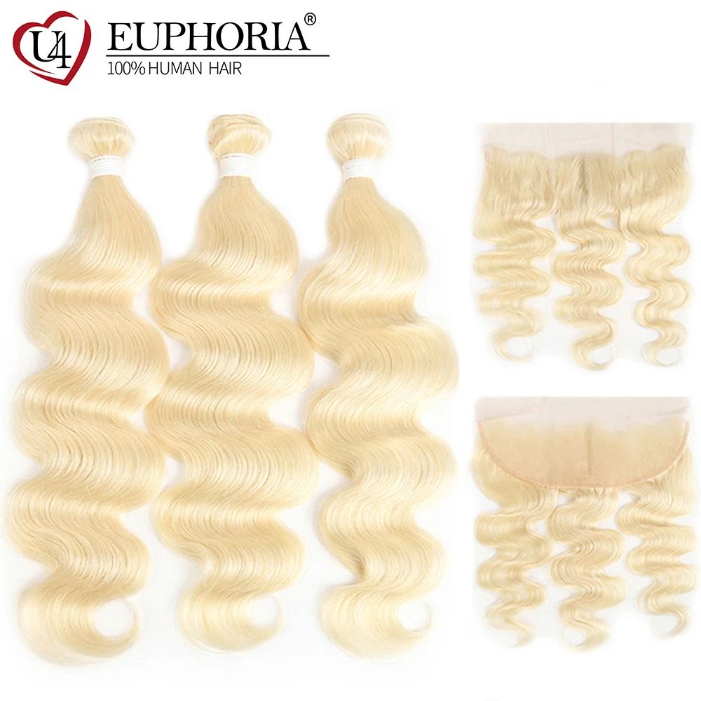 

613 Bundles With Lace Frontal Brazilian Body Wave 3 Bundles With Closure Euphoria Platinum Honey Blonde Remy Human Bundle Hair