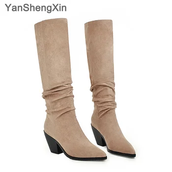 

YANSHENGXIN Shoes Woman Boots Wrinkle Soft Genuine Fur High Heel Women Boots Autumn Winter Pointed Toe Women Shoes Ladies Boots