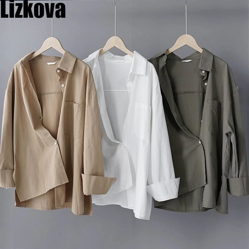 Lizkova 100% хлопковая белая блузка для женщин японский Рубашка свободного кроя 2020
