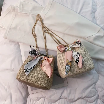 

Women Vintage Joker Crossbody Fashion One Shoulder Drawstring Dumplings Straw Bags Beach Messenger Summer Rattan Cross Body Whit