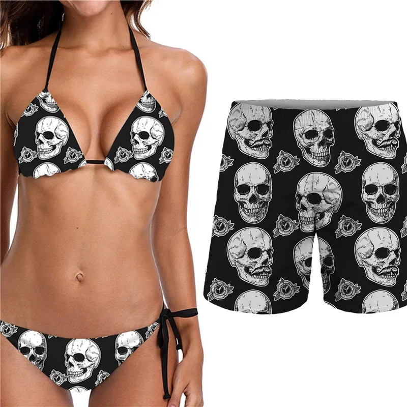 doginthehole Skull Printed Beachwear Summer Girls Swimming Suit Halter One-Piece