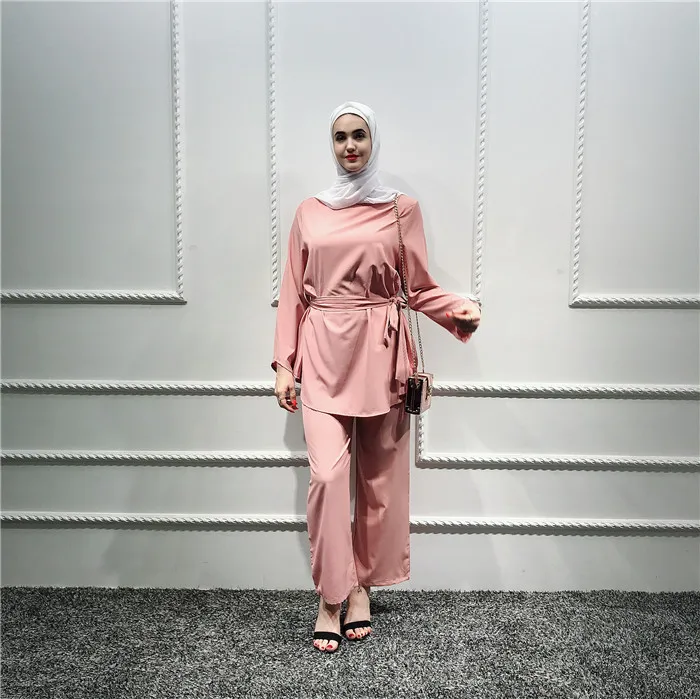 Topos e Calças Conjuntos de Roupas Muçulmano Peças Define Feminino Ramadan Rendas-up Kaftan Abaya Turquia Hijab Modesto Europeias Musulman 2 24 topos e calças kaftan abaya turquia hijab