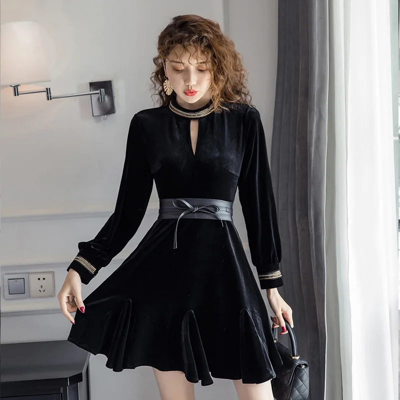 

2019 Winter New Products Debutante Elegant Half-Turtle-Neck Hollow out High-waisted Slim Fit Slimming A- line Velvet Dress Women