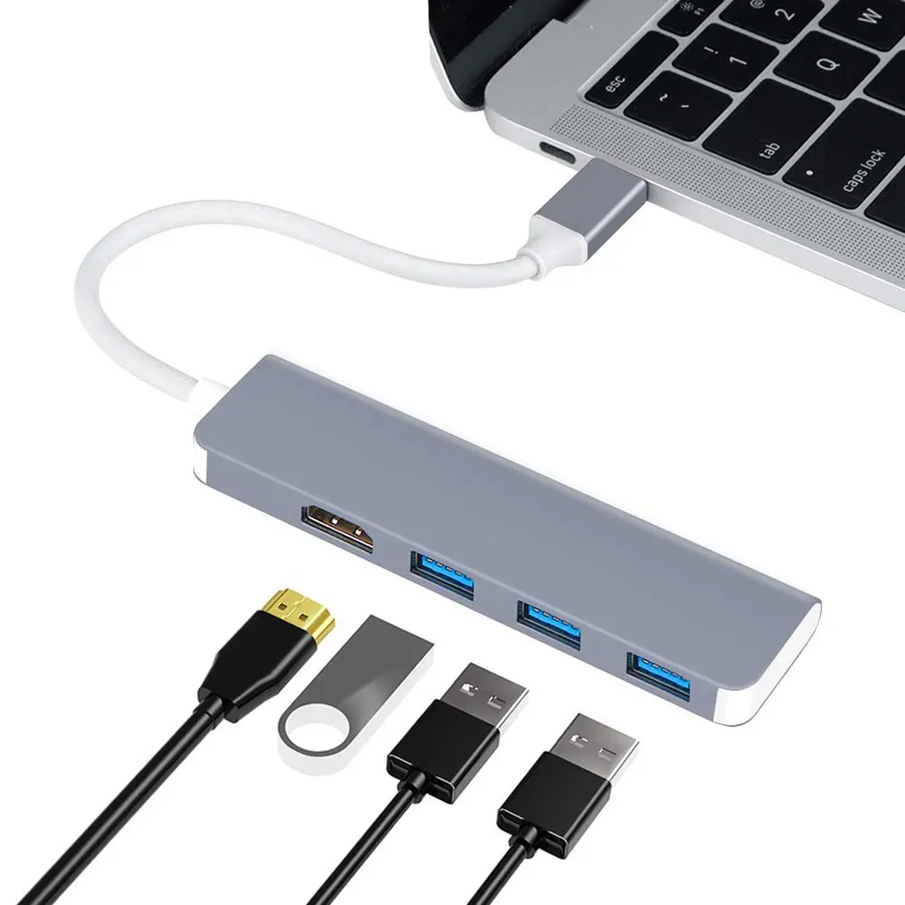 Изысканно Разработанный USB-C концентратор type-C адаптер к HDMI 3 USB 3,0 Портативный Алюминиевый USB C Ключ космический серый