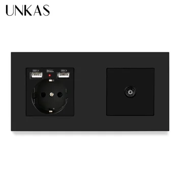 

UNKAS Black Plastic Panel EU Standard Electric Socket with 2 USB + Female TV Connector 172*86mm Enchufe Pared USB