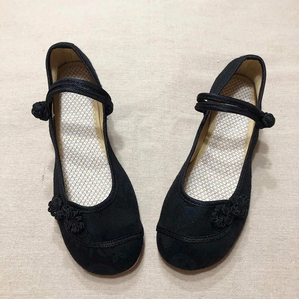 Veowalk Chinese Knot Women Cotton Fabric Embroidered Ballet Flats Retro Ladies Casual Traditional Old Beijing Shoes Solid Color