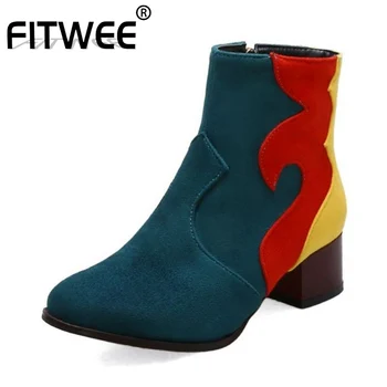 

FITWEE Fashion Mixed Color Ankle Boots For Women Round Toe Fur Winter Warm Square Heels Shoes Women Footwear Size 32-43