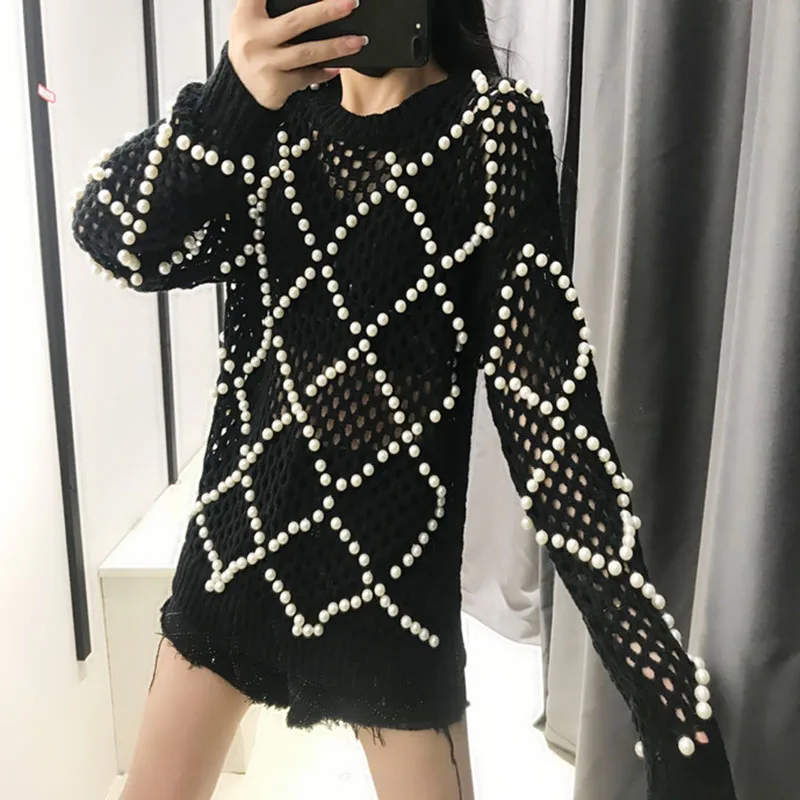 Women Pearl Sweater Hollow Hedging Sweater Women