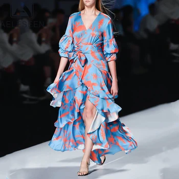

AELESEEN Runway Fashion Irregular Dress 2020 Spring Summer Bubble Sleeve V-neck Ruffles Blue Orange Flower Print Holiday Dress