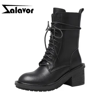 

ZALAVOR Women Genuine Leather Motorcycle Boots Zipper Black Sexy Outdoor Warm Fur Ankle Boots Chunky Heel Shoes Women Size 34-40