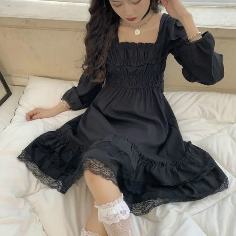 Japanese Women Victorian Gothic Square Collar Lace Ruffles Black Lolita Dress Autumn Girls Punk Style Long Sleeve Mini Dresses