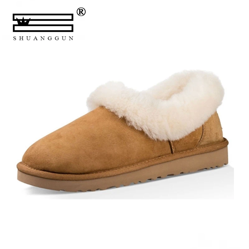 

Fashion Women's Genuine Leather Snow Shoes Lace Winter Shoes Genuine Sheepskin Leather Natural Wool Flat-soled Shoes