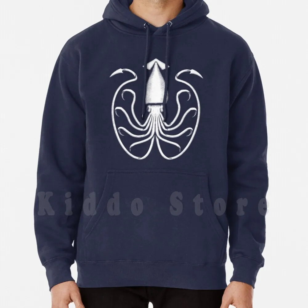Felpa Con Cappuccio Kraken Bianca Manica Lunga Kraken Octopus Squid Cephlapod Ocean Sea