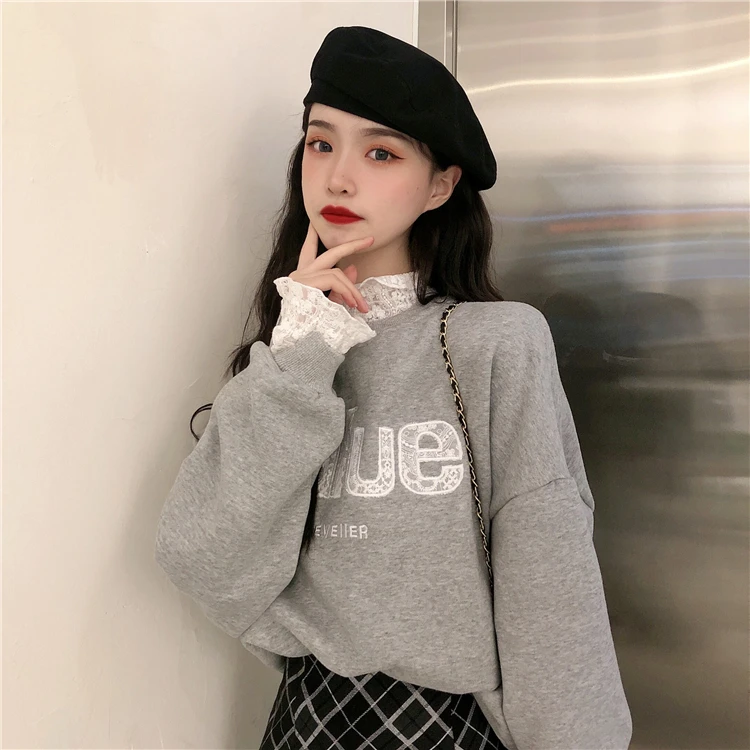 Корейский ins Harajuku шикарный осенний женский свитер с буквенным принтом и кружевным краем с имитацией двух плюшевых бархатных толстых повседневных свитеров с длинными рукавами
