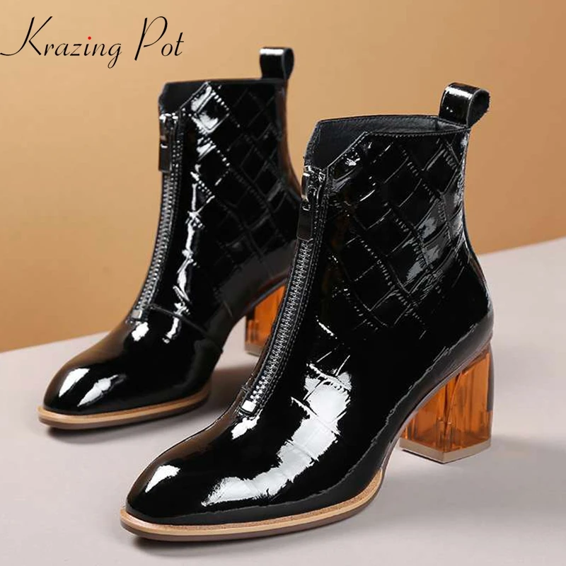 

krazing pot new basic clothing Korean girl prints genuine leather zipper crystal high heels round toe keep warm ankle boots l8f1