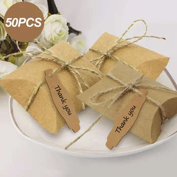 

50pcs Kraft Paper Pillow Candy Box Thank You Treat Favors Case with Blank Gift Tags for Festival Birthday Wedding Party