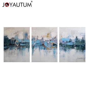 

Modern 100% Hand Painted Abstract Oil Painting "Blue Villages" 3-Piece Wall Art on Canvas for Living Room for Wall Decor Home