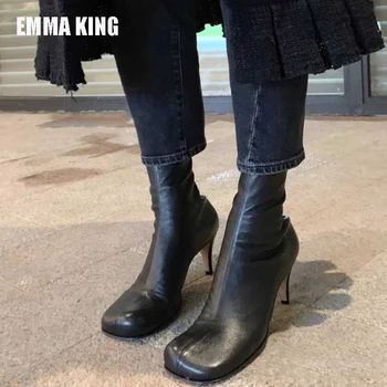 

2020 Women New Genuine Leather Ankle Boots Fashion Square toe Short Boots Lady Winter White/black High Heel Boots For Women