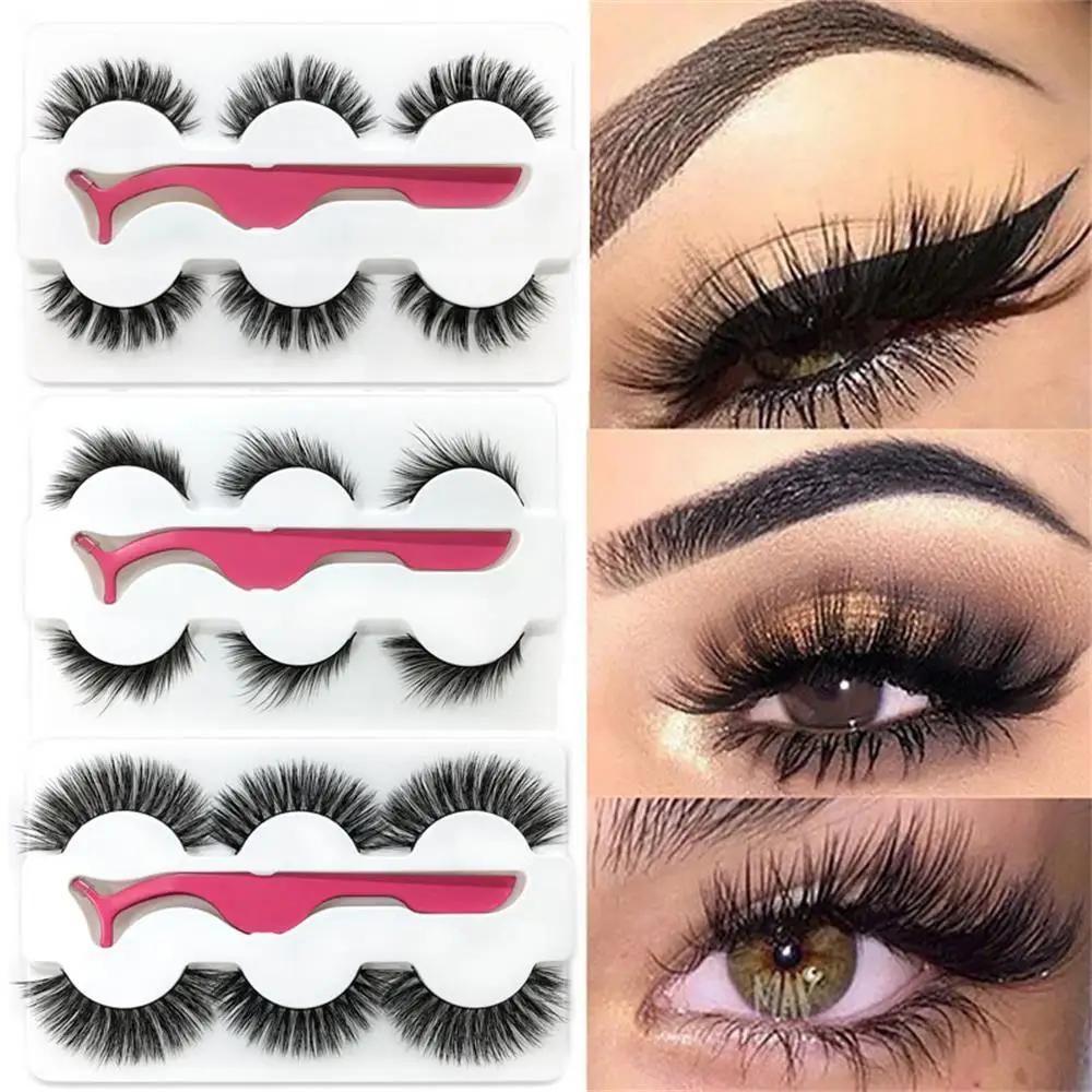 3PairsPopular Style6D100% Mink Fake Eyelashes Makeup Mink Lashes Dramatic Volume Eyelashes Extension False Eyelashes+Tweezers