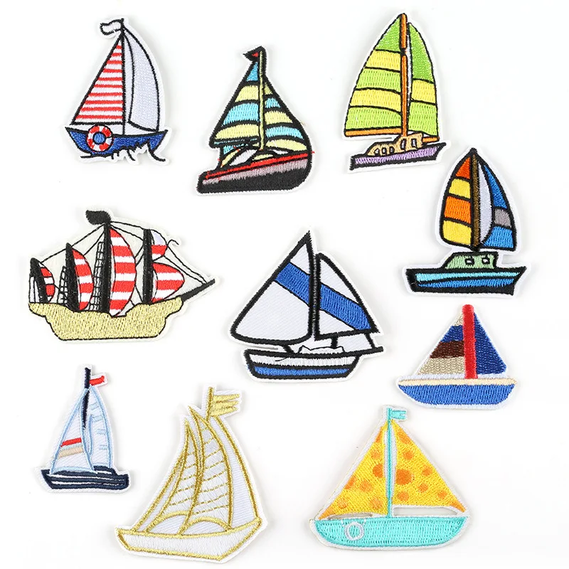 

Iron on Boat Patches for Clothing Stripes Cartoon Sailboat Badges Stickers on Clothes for Kids DIY Appliques Embroidered Patches