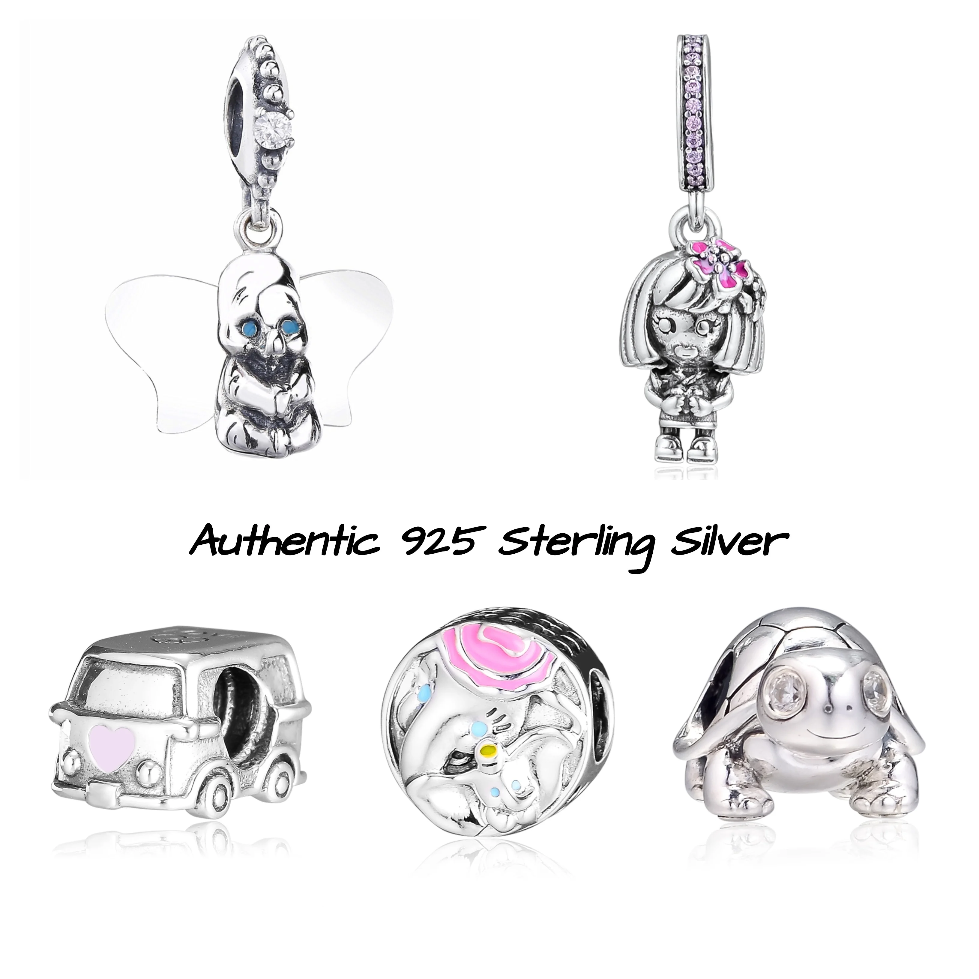 Dumbo Elephant Pink Butterfly Dangle Charm Enamel 925 Sterling Silver Fit Original European Bead Charms Bracelet | Украшения и