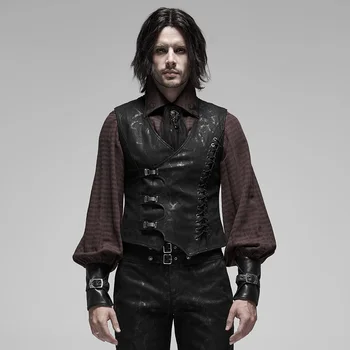 

PUNK RAVE Men Steampunk Mottled Stripes Vest Punk Slim Fit Irregular Hem Sleevelss Fashion Short Waistcoat