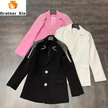 

Blazer Coat Woman Spring New Tassels Man-made Diamond Shoulder Shiny Diamond Buckle Long Sleeve Suit Coat Ladies Pink Blazer