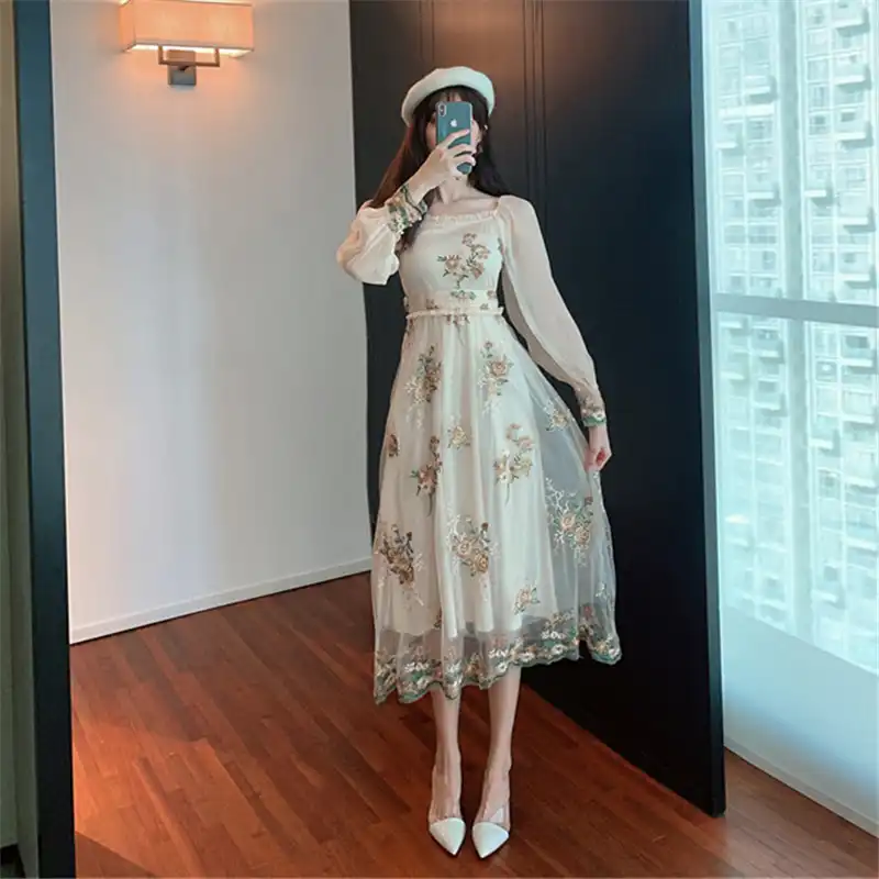 Franzosisch Romantische Frauen Party Kleider Vintage Floral Mesh Lange Kleid Fruhling Sommer Quadrat Kragen Frauen Elegante Kleid A Line Kleider Aliexpress