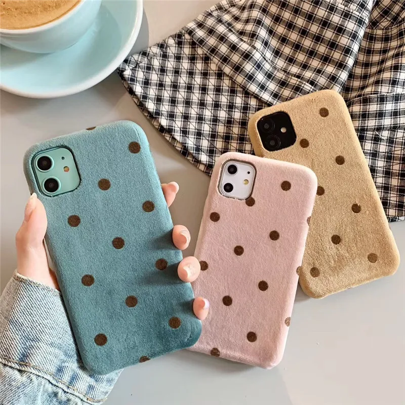 

Polka Dots Cordurory Plush Phone Case for Iphone 11 Pro Max X Xr Xs Max 7 8 Plus Warm Flannel Soft Tpu Silicon Back Cover